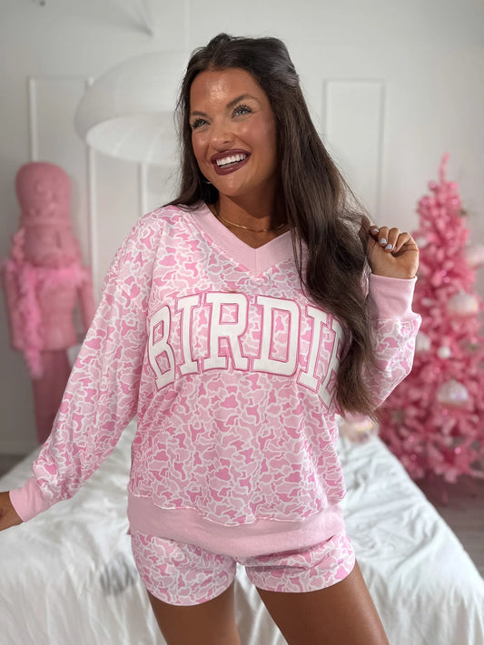 BIRDIE PREORDER V Neck Oversized Sweatshirt in Sugar Bloom Duck Camo