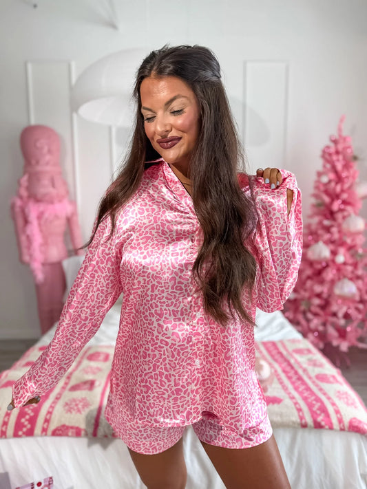 BIRDIE PREORDER After Dark Satin Set in Pink Party Leopard